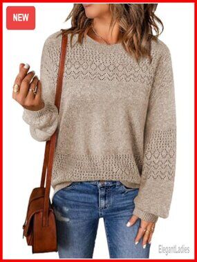 Womens Crochet Sweater Lace Long Sleeve Boho Tunic Top